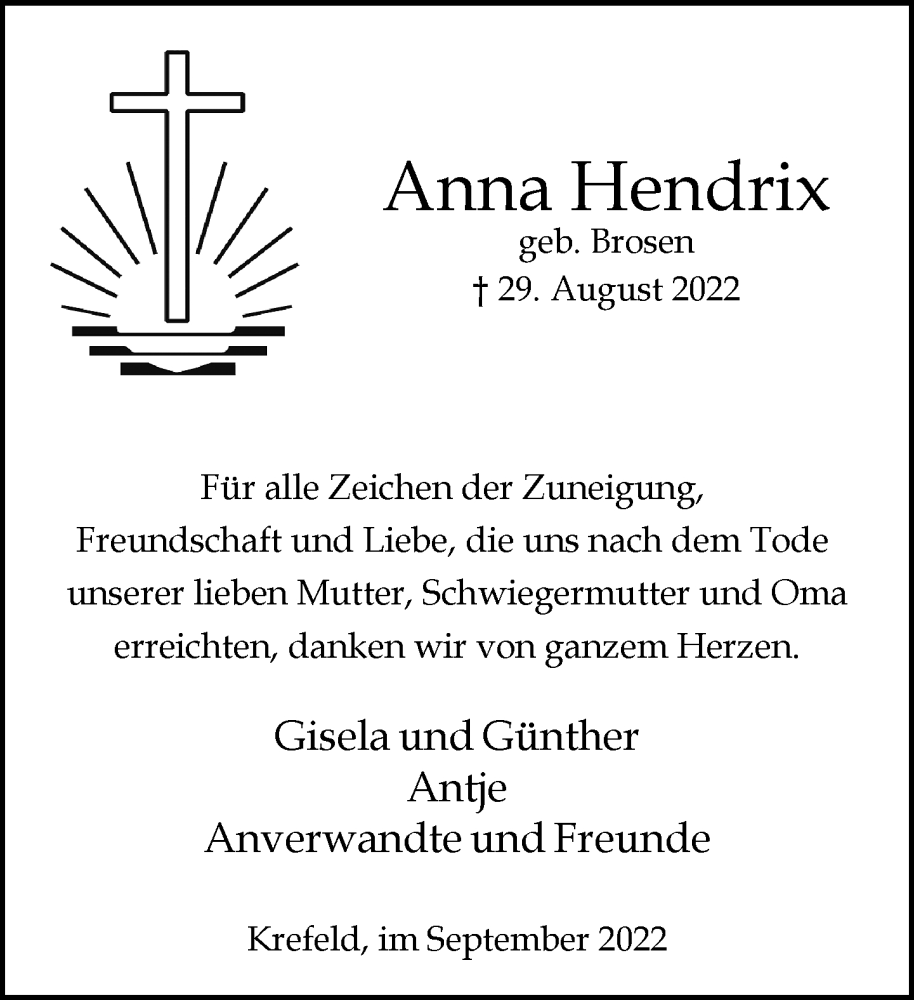  Traueranzeige für Anna Hendrix vom 18.09.2022 aus trauer.mein.krefeld.de