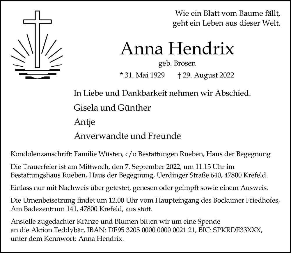  Traueranzeige für Anna Hendrix vom 04.09.2022 aus trauer.mein.krefeld.de