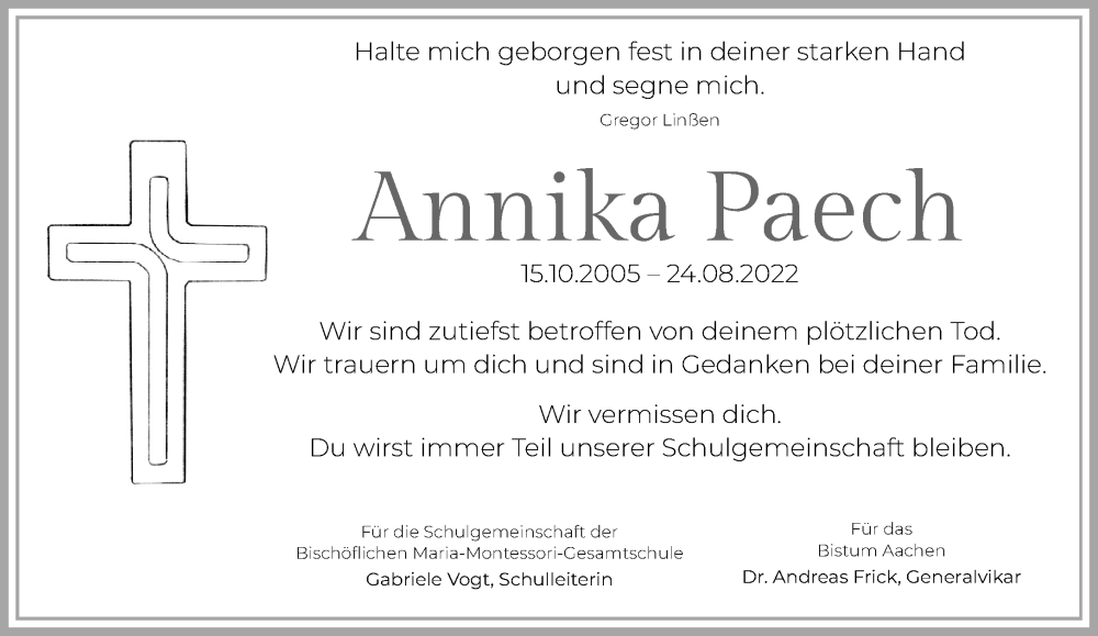  Traueranzeige für Annika Paech vom 04.09.2022 aus trauer.mein.krefeld.de