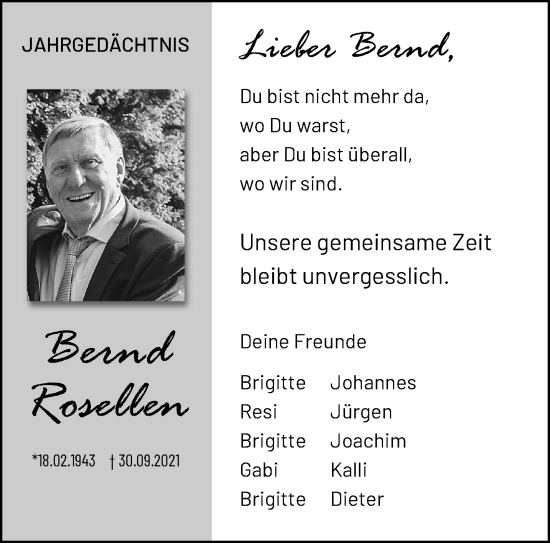 Traueranzeige von Bernd Rosellen von trauer.extra-tipp-moenchengladbach.de