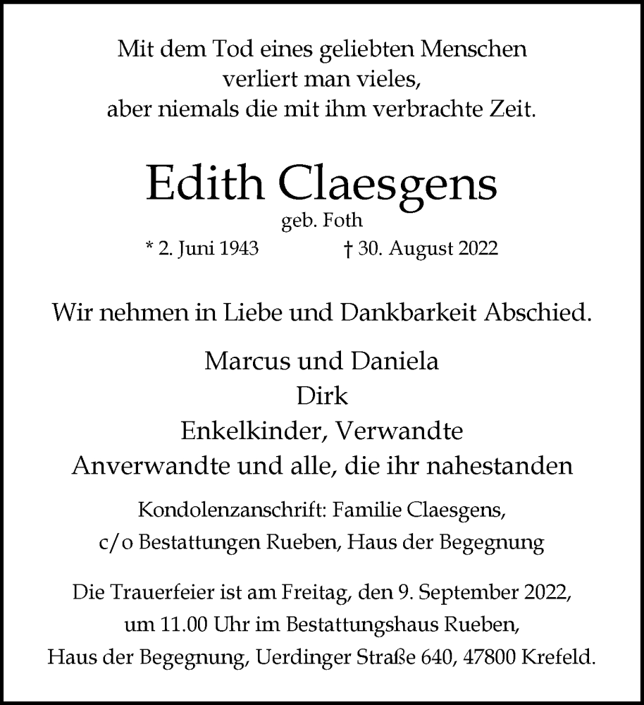  Traueranzeige für Edith Claesgens vom 04.09.2022 aus trauer.mein.krefeld.de