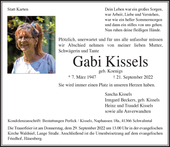 Traueranzeige von Gabi Kissels von trauer.extra-tipp-moenchengladbach.de