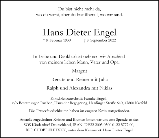 Traueranzeige von Hans Dieter Engel von trauer.mein.krefeld.de