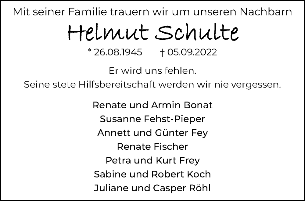  Traueranzeige für Helmut Schulte vom 11.09.2022 aus trauer.mein.krefeld.de