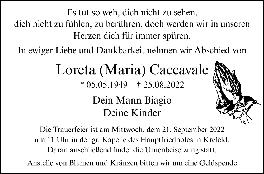  Traueranzeige für Loreta Caccavale vom 18.09.2022 aus trauer.mein.krefeld.de