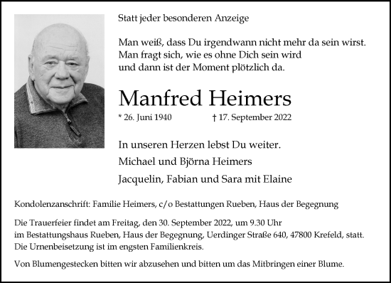 Traueranzeige von Manfred Heimers von trauer.mein.krefeld.de