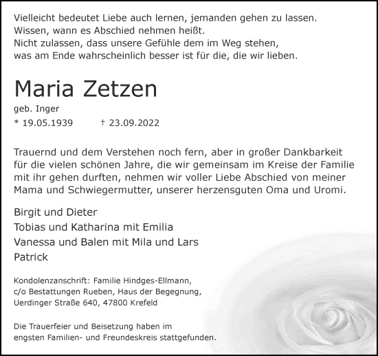 Traueranzeige von Maria Zetzen von trauer.mein.krefeld.de