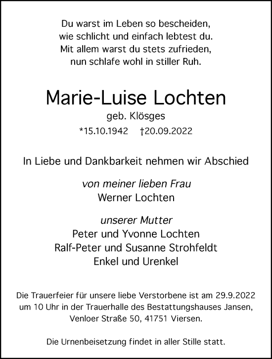 Traueranzeige von Marie-Luise Lochten von trauer.extra-tipp-moenchengladbach.de