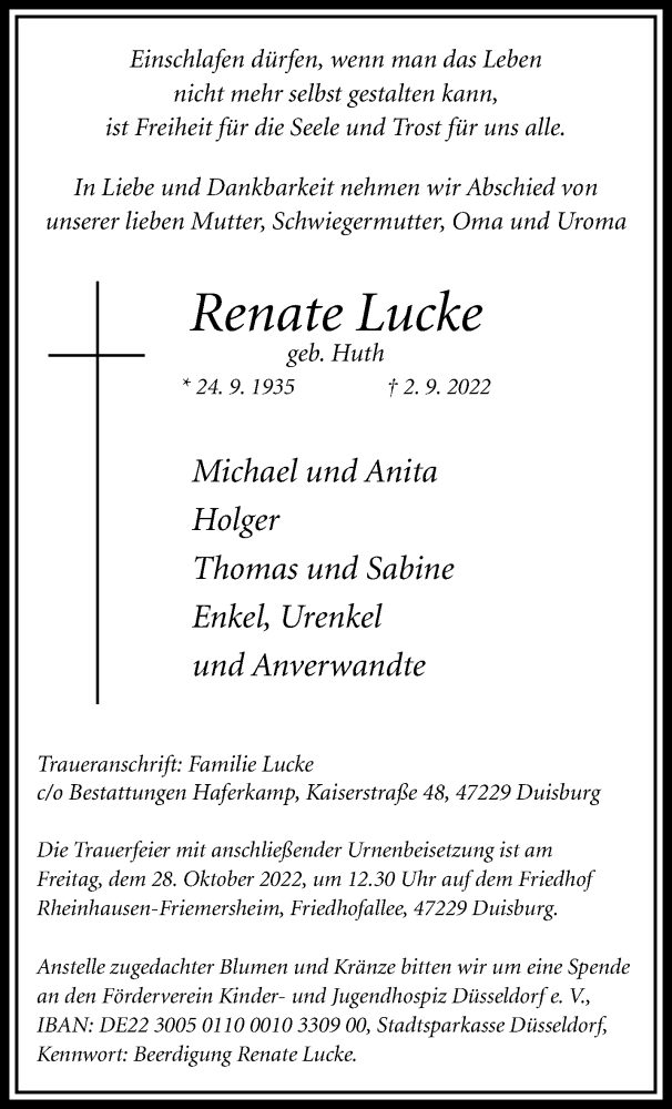  Traueranzeige für Renate Lucke vom 18.09.2022 aus trauer.mein.krefeld.de