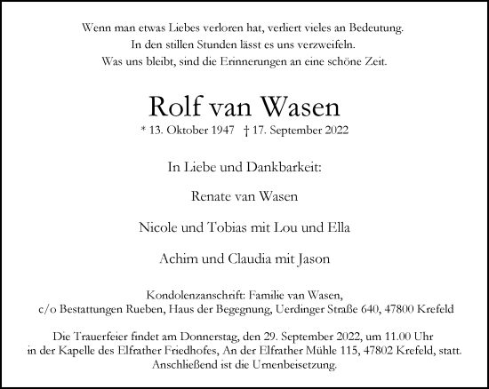 Traueranzeige von Rolf van Wasen von trauer.mein.krefeld.de