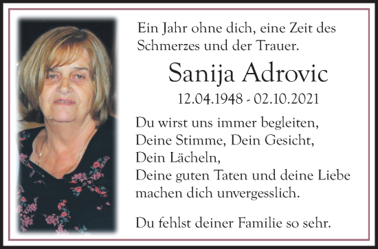Traueranzeige von Sanija Adrovic von trauer.extra-tipp-moenchengladbach.de