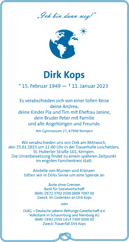  Traueranzeige für Dirk Kops vom 22.01.2023 aus trauer.mein.krefeld.de