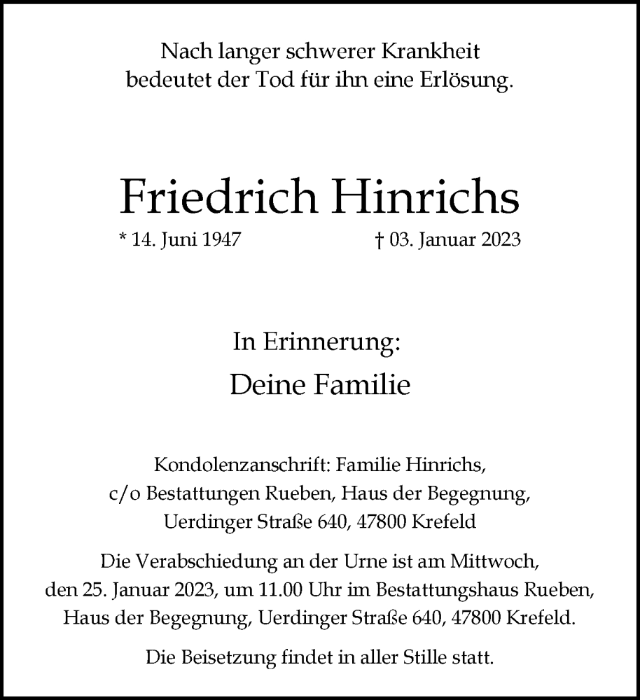 Traueranzeige für Friedrich Hinrichs vom 22.01.2023 aus trauer.mein.krefeld.de