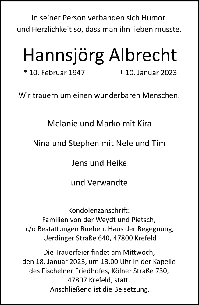  Traueranzeige für Hannsjörg Albrecht vom 15.01.2023 aus trauer.mein.krefeld.de