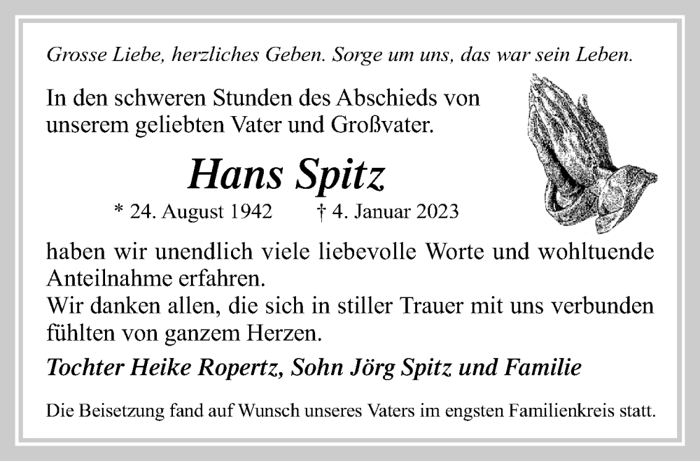  Traueranzeige für Hans Spitz vom 15.01.2023 aus trauer.mein.krefeld.de