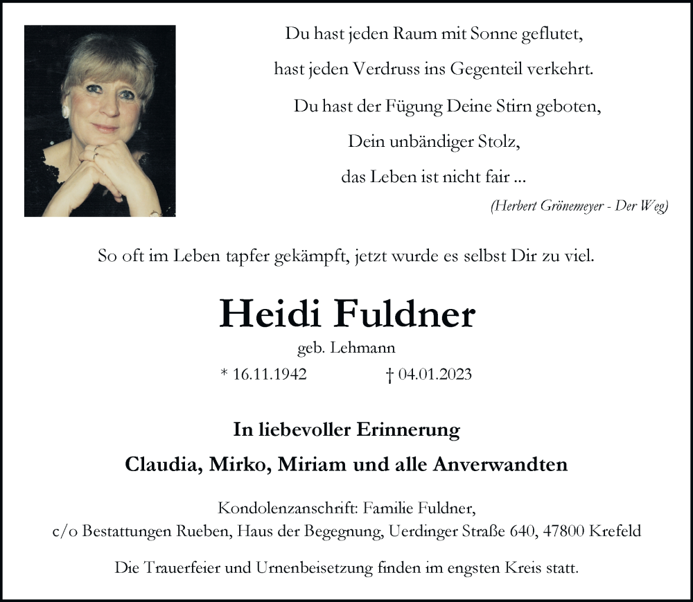  Traueranzeige für Heidi Fuldner vom 08.01.2023 aus trauer.mein.krefeld.de