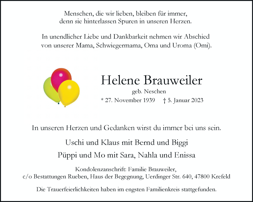  Traueranzeige für Helene Brauweiler vom 15.01.2023 aus trauer.mein.krefeld.de