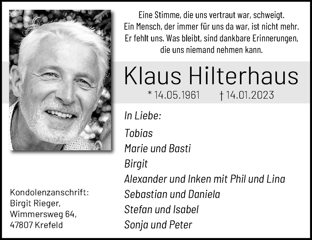  Traueranzeige für Klaus Hilterhaus vom 29.01.2023 aus trauer.mein.krefeld.de
