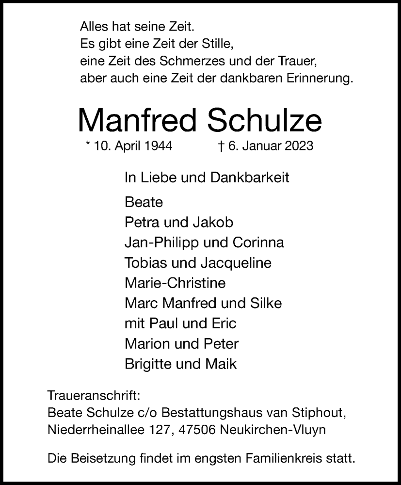  Traueranzeige für Manfred Schulze vom 15.01.2023 aus trauer.mein.krefeld.de