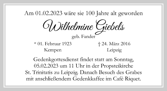 Traueranzeige von Wilhelmine Giebels von trauer.mein.krefeld.de