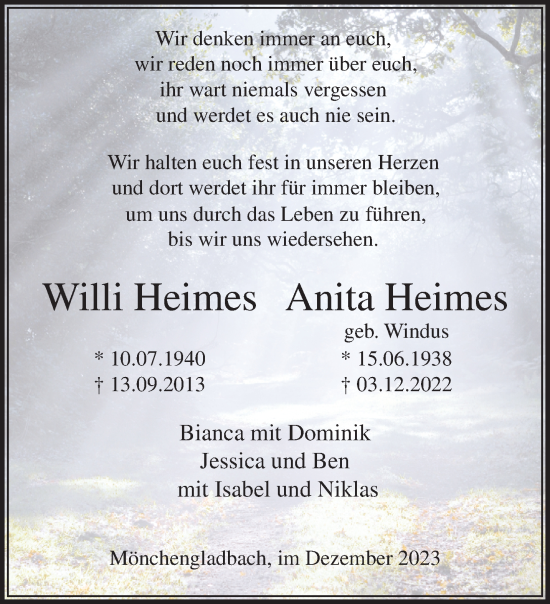 Traueranzeige von Willi und Anita Heimes von trauer.extra-tipp-moenchengladbach.de