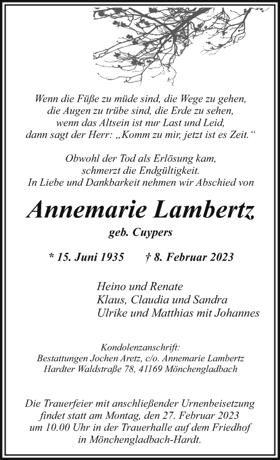 Traueranzeige von Annemarie Lambertz von trauer.extra-tipp-moenchengladbach.de