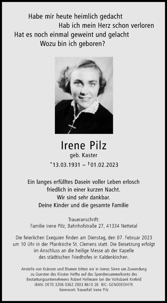 Traueranzeige von Irene Pilz von trauer.extra-tipp-moenchengladbach.de
