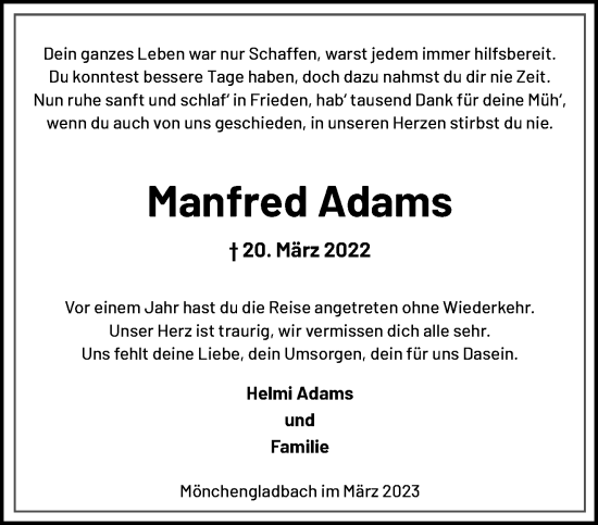 Traueranzeige von Manfred Adams von trauer.extra-tipp-moenchengladbach.de