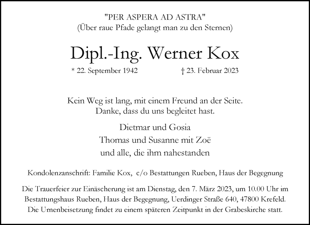  Traueranzeige für Werner Kox vom 05.03.2023 aus trauer.mein.krefeld.de