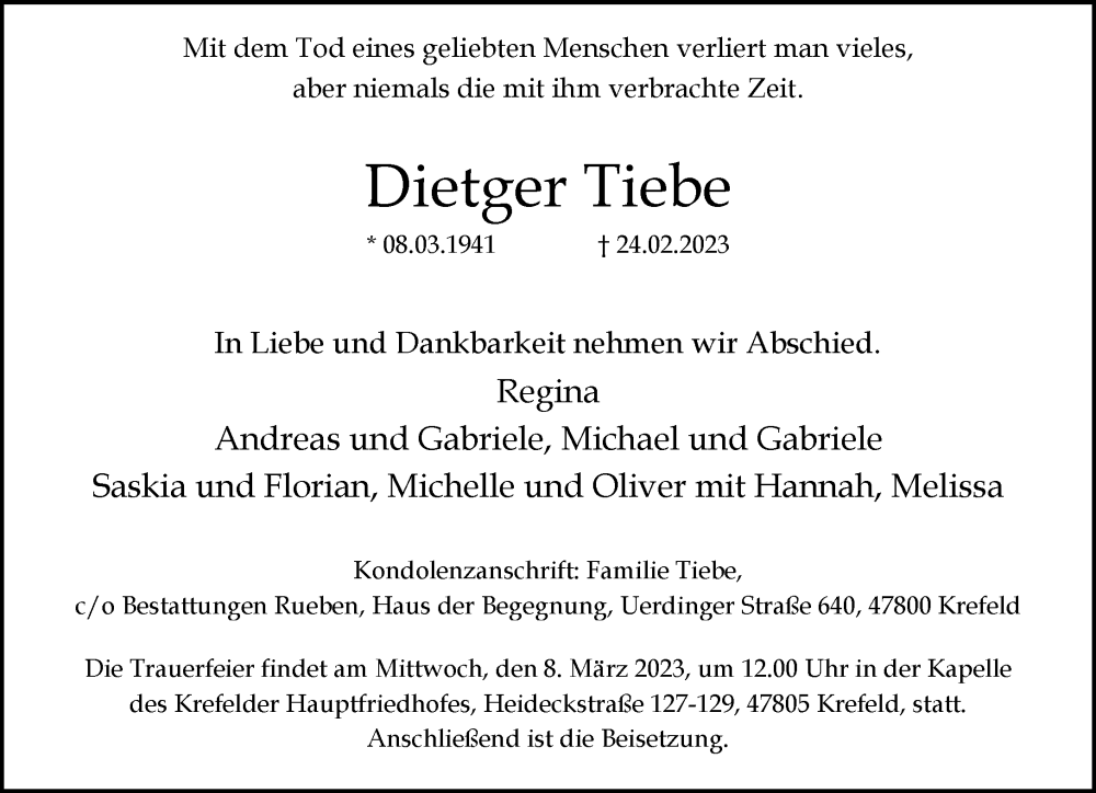  Traueranzeige für Dietger Tiebe vom 05.03.2023 aus trauer.mein.krefeld.de