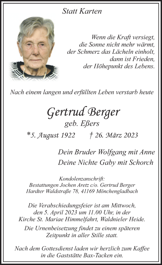 Traueranzeige von Gertrud Berger von trauer.extra-tipp-moenchengladbach.de