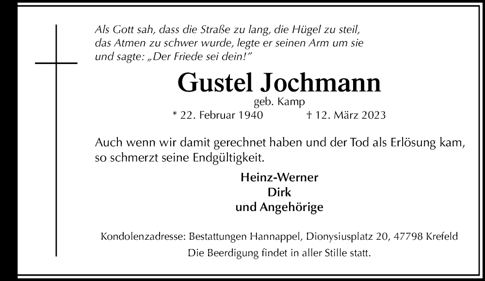  Traueranzeige für Gustel Jochmann vom 19.03.2023 aus trauer.mein.krefeld.de