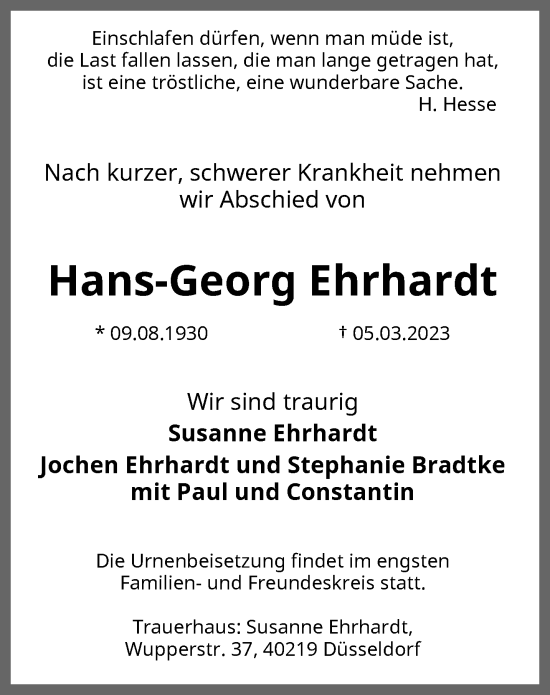 Traueranzeige von Hans-Georg Ehrhardt von trauer.duesseldorfer-anzeiger.de