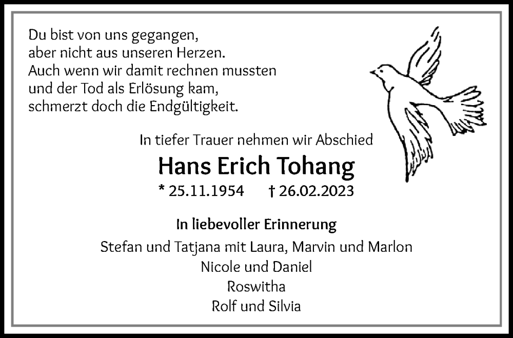  Traueranzeige für Hans Erich Tohang vom 12.03.2023 aus trauer.mein.krefeld.de