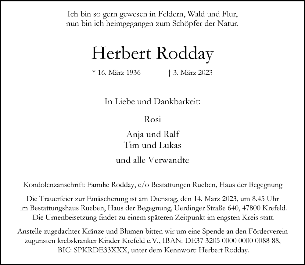  Traueranzeige für Herbert Rodday vom 12.03.2023 aus trauer.mein.krefeld.de