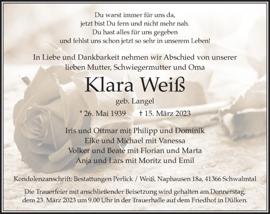 Traueranzeige von Klara Weiß von trauer.extra-tipp-moenchengladbach.de