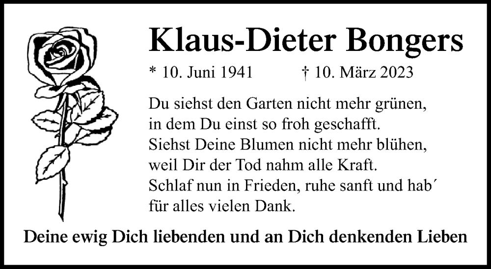  Traueranzeige für Klaus-Dieter Bongers vom 19.03.2023 aus trauer.mein.krefeld.de