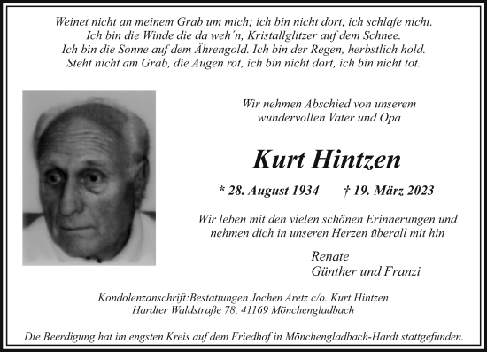 Traueranzeige von Kurt Hintzen von trauer.extra-tipp-moenchengladbach.de
