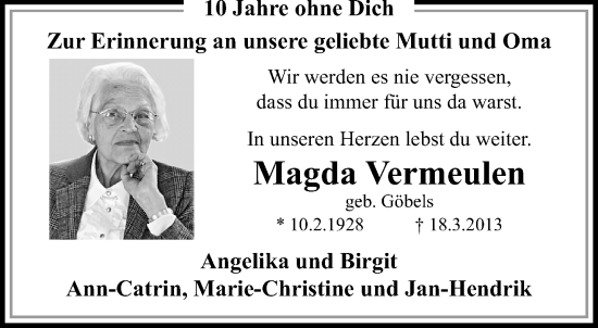 Traueranzeige von Magda Vermeulen von trauer.mein.krefeld.de