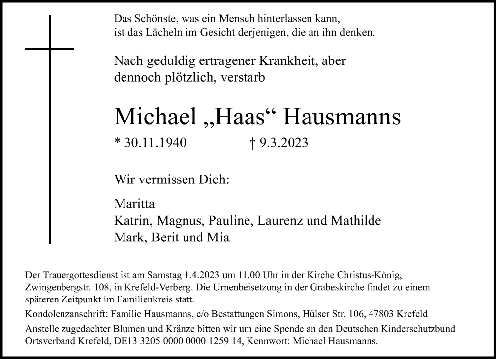  Traueranzeige für Michael Hausmanns vom 19.03.2023 aus trauer.mein.krefeld.de