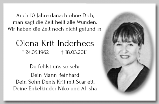 Traueranzeige von Olena Krit-Inderhees von trauer.extra-tipp-moenchengladbach.de