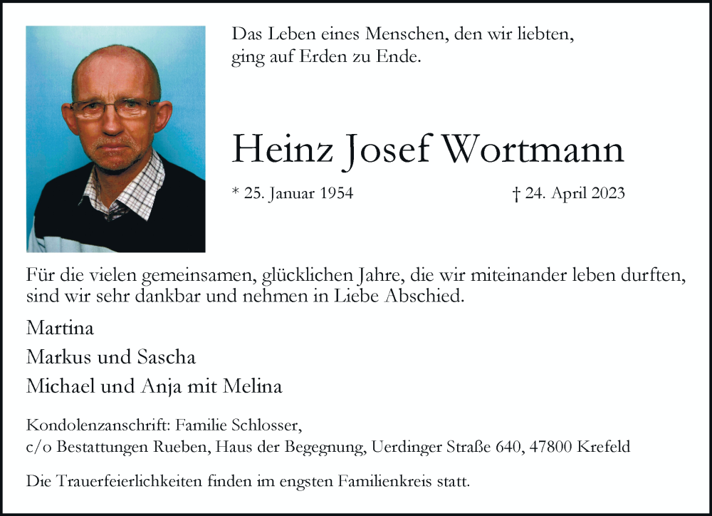  Traueranzeige für Heinz Josef Wortmann vom 30.04.2023 aus trauer.mein.krefeld.de