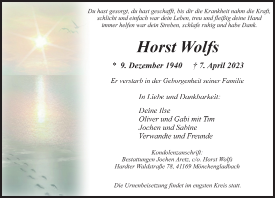 Traueranzeige von Horst Wolfs von trauer.extra-tipp-moenchengladbach.de