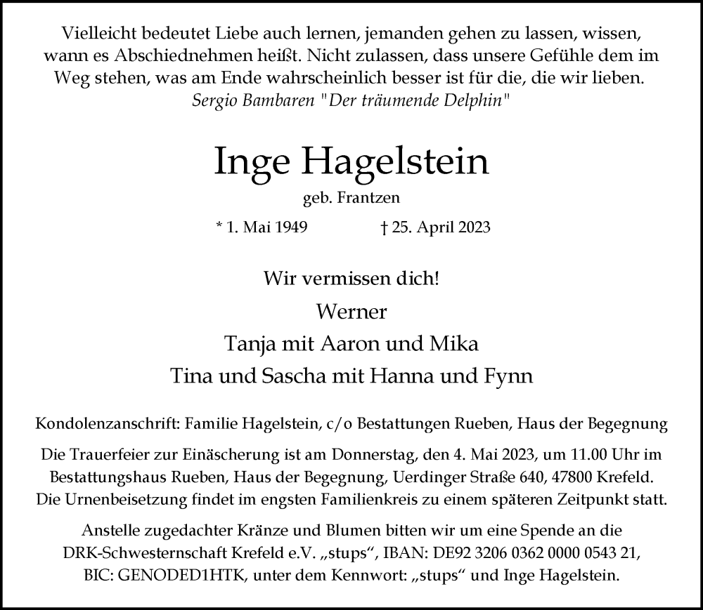  Traueranzeige für Inge Hagelstein vom 30.04.2023 aus trauer.mein.krefeld.de