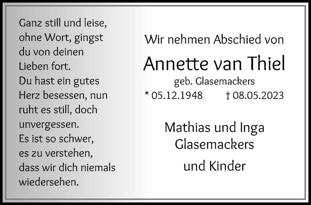  Traueranzeige für Annette van Thiel vom 14.05.2023 aus trauer.mein.krefeld.de