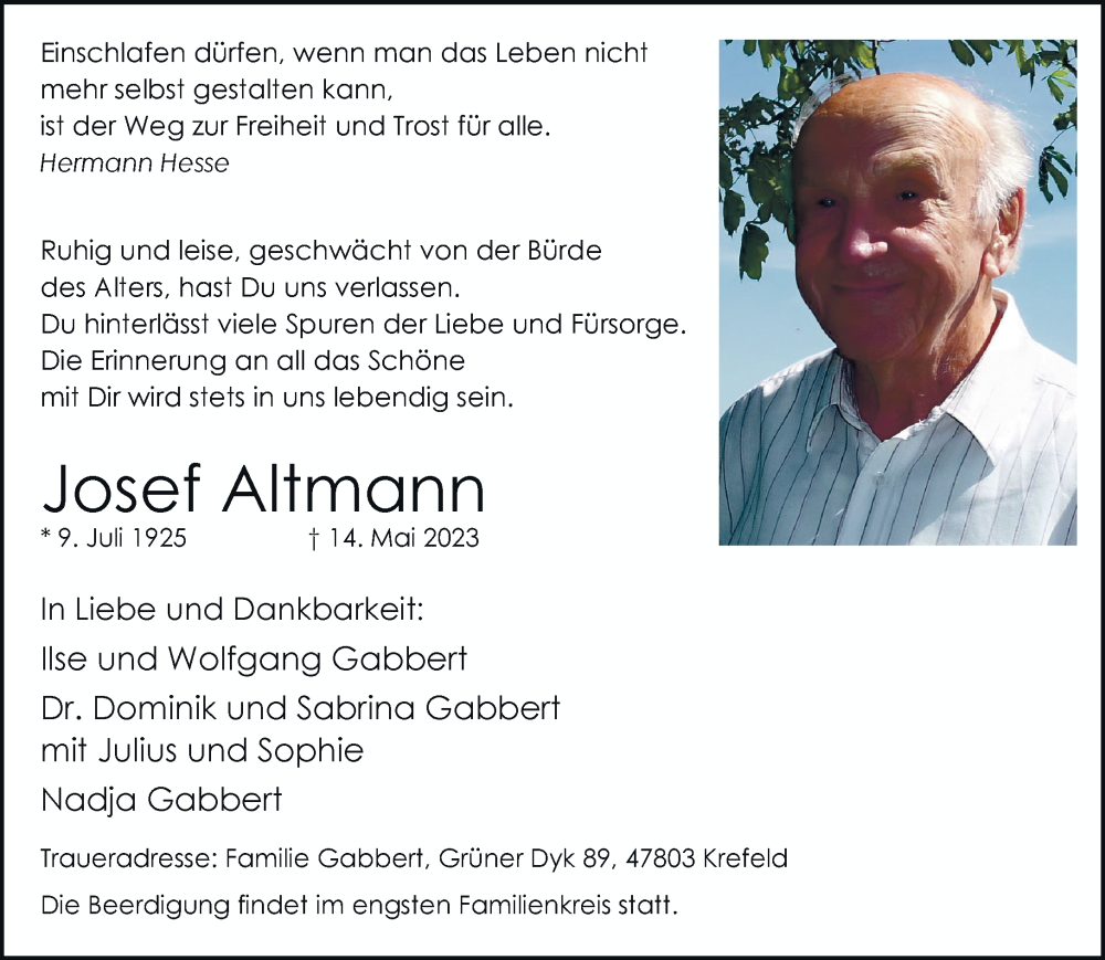  Traueranzeige für Josef Altmann vom 21.05.2023 aus trauer.mein.krefeld.de