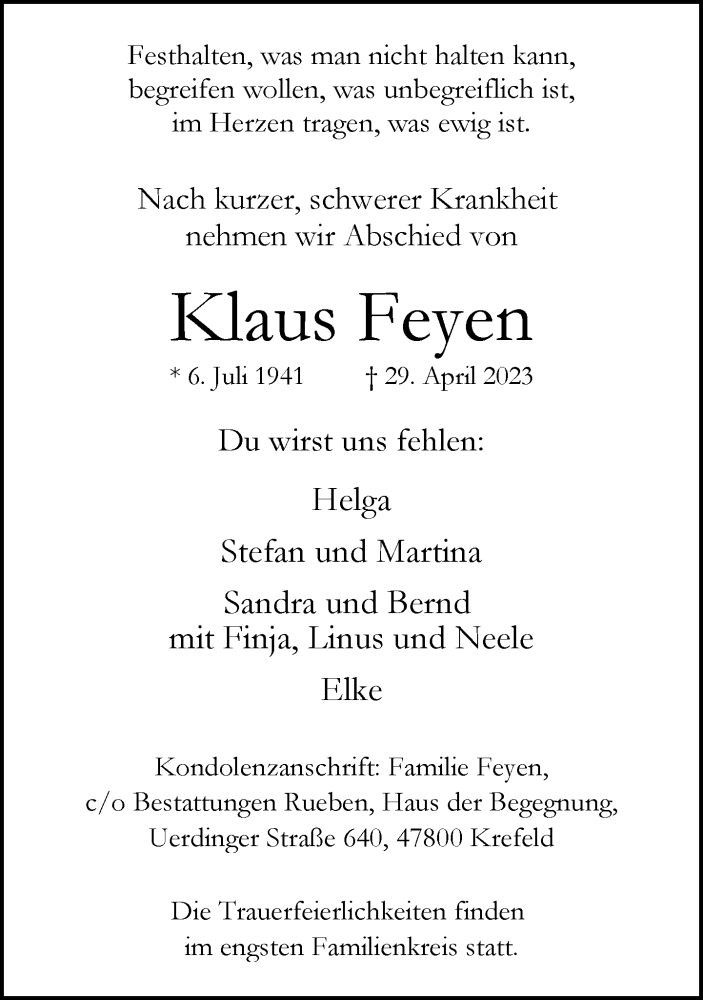 Traueranzeige für Klaus Feyen vom 07.05.2023 aus trauer.mein.krefeld.de