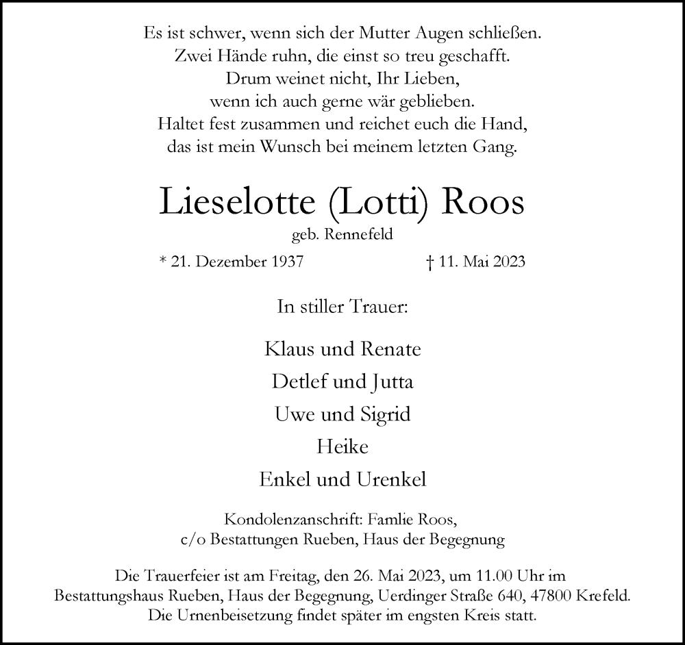  Traueranzeige für Lieselotte Roos vom 21.05.2023 aus trauer.mein.krefeld.de