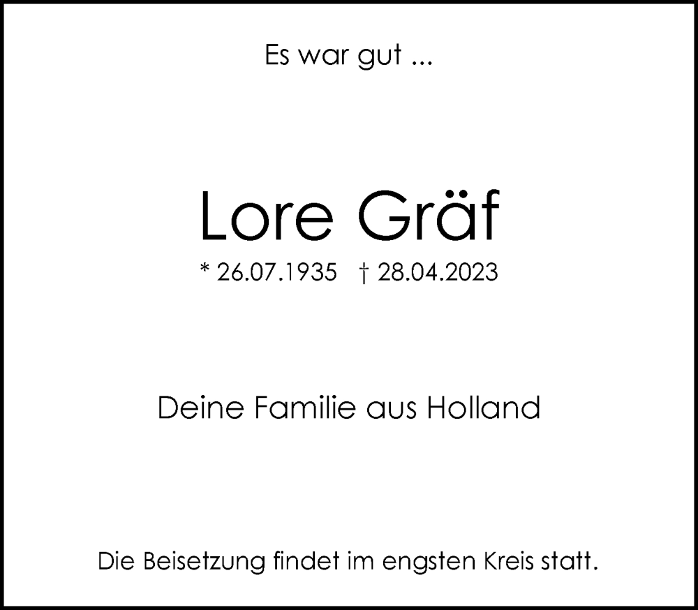  Traueranzeige für Lore Gräf vom 07.05.2023 aus trauer.mein.krefeld.de