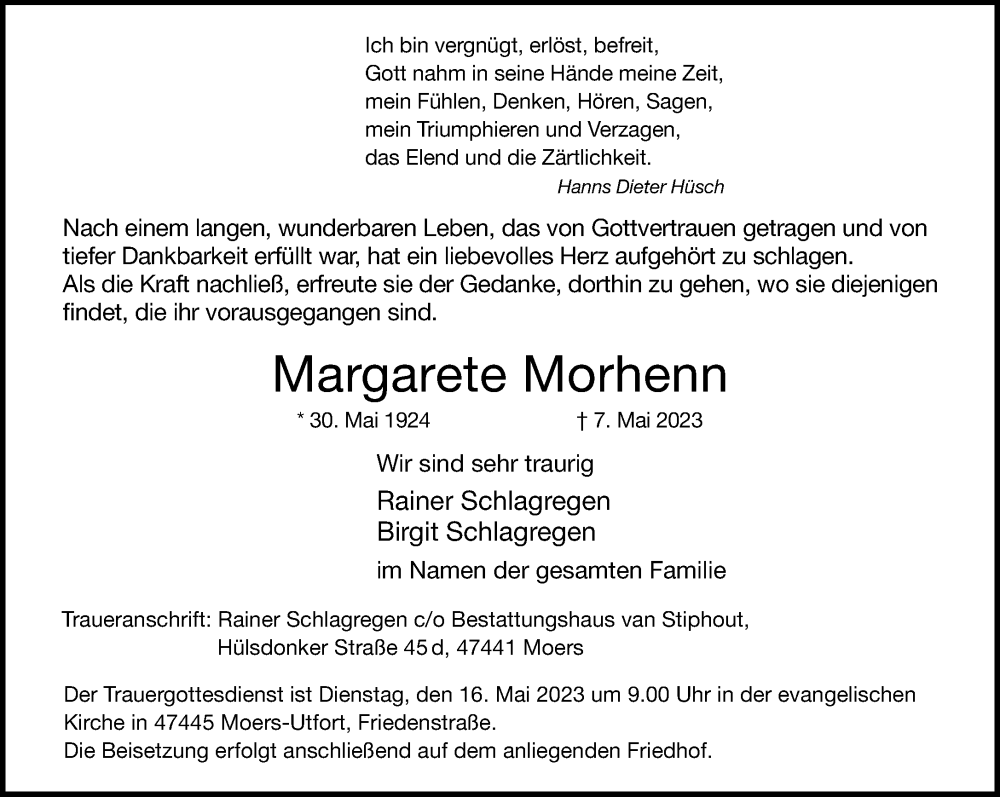  Traueranzeige für Margarete Morhenn vom 14.05.2023 aus trauer.mein.krefeld.de